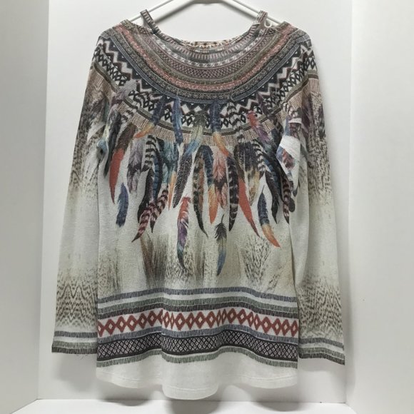 Vocal Watercolor Feather Aztec Print Cold Shoulder Long Sleeve Knit Sweater - Picture 4 of 9